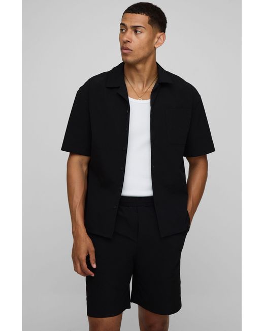 BoohooMAN Black Oversized Boxy Technical Stretch Shirt & Comfort Short Set for men