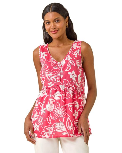 Roman Red Floral V-Neck Buttoned Top