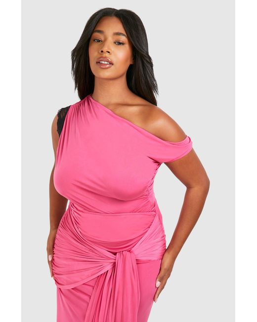 Boohoo Pink Plus Lace Trim Off The Shoulder Asymmetric Top