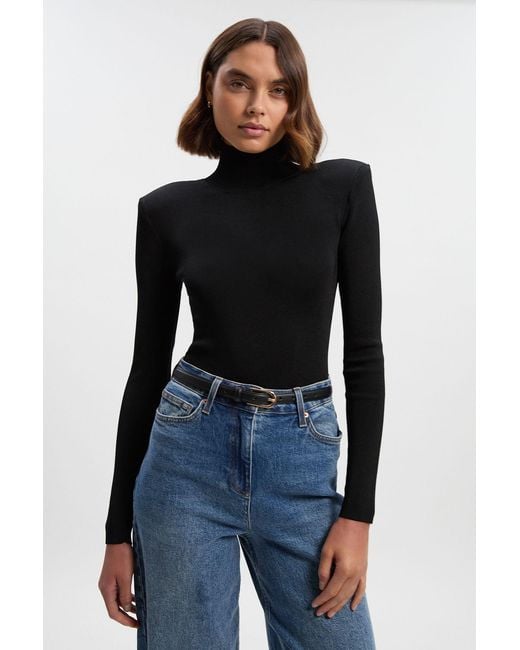 Karen Millen Black Slinky Drape Knit Power Shoulder Funnel Neck Top