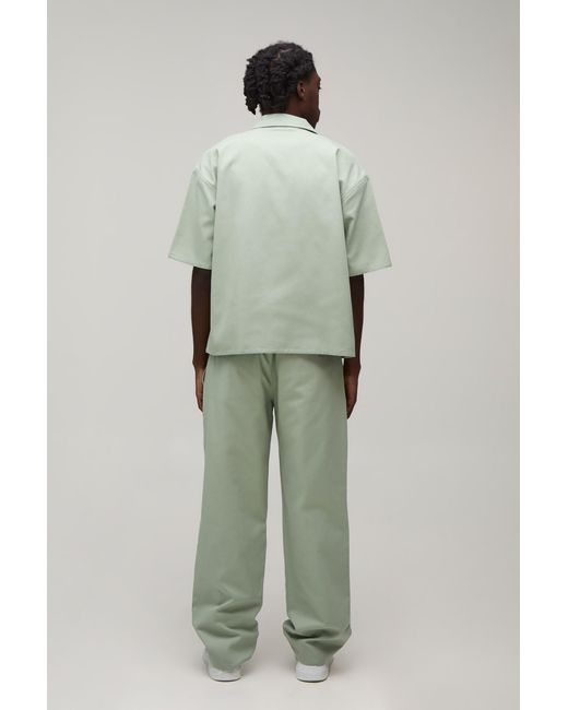 BoohooMAN Green Oversized Pocket Embroidered Twill Zip Up Shirt & Relaxed Trouser Set for men