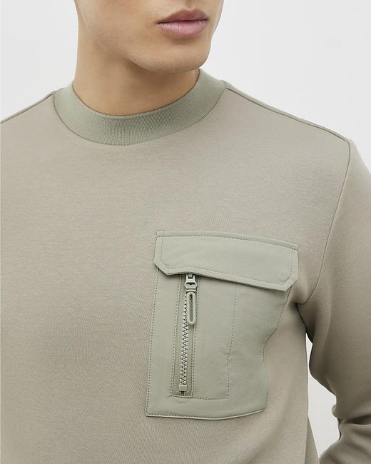 River Island Gray Sweatshirt Slim Fit Nylon Pocket Cotton for men