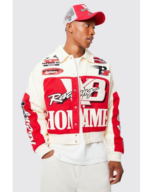 BoohooMAN Red Boxy Twill Homme Moto Bomber Jacket for men