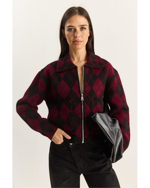 Bianco Lucci Red Thick Jacquard Knit Cardigan With Zipper