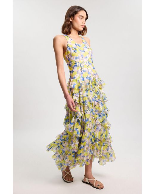 Karen Millen Multicolor Crinkle Georgette Ruffle Detail Woven Maxi Dress Lyocell