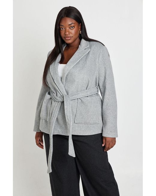 Boohoo Gray Plus Wool Look Tie Belt Coat