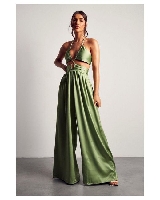 MissPap Green Textured Satin Strappy Cut Out Jumpsuit