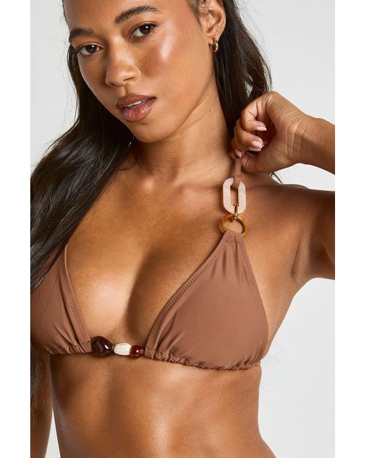 Boohoo Brown Bead Trim Triangle Bikini & Tie Side Bottom Set