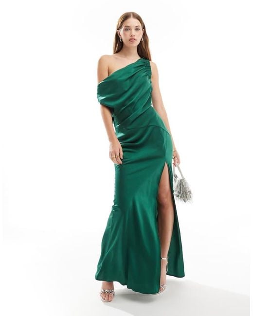 ASOS Green One Shoulder Ruched Detail Maxi Dress With Split