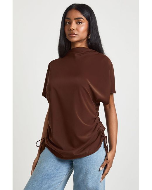 Boohoo Brown Loose Ruched Side Body Top