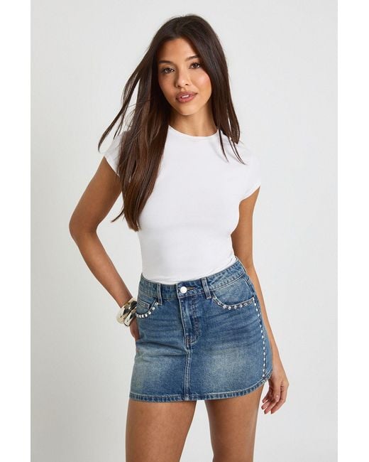 Boohoo Blue Studded Rhinestone Denim Skirt