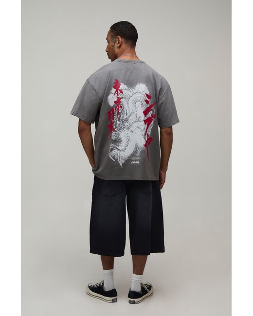 BoohooMAN Gray Oversized Dragon Print Spray Wash T-Shirt for men