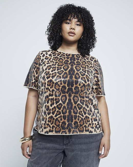 River Island Natural T-Shirt Plus Leopard Print Sequin