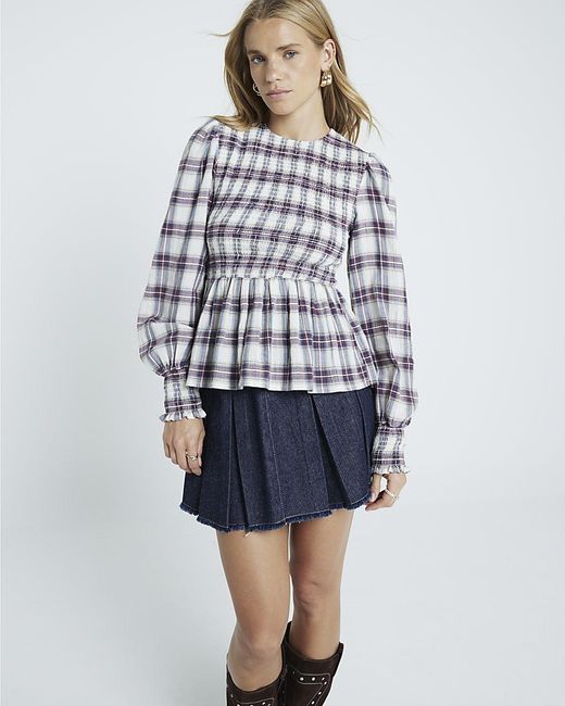River Island Blue Top Shirred Checked Cotton