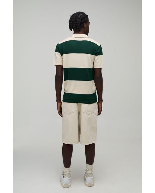 BoohooMAN Green Regular Fit Revere Striped Knitted Polo for men