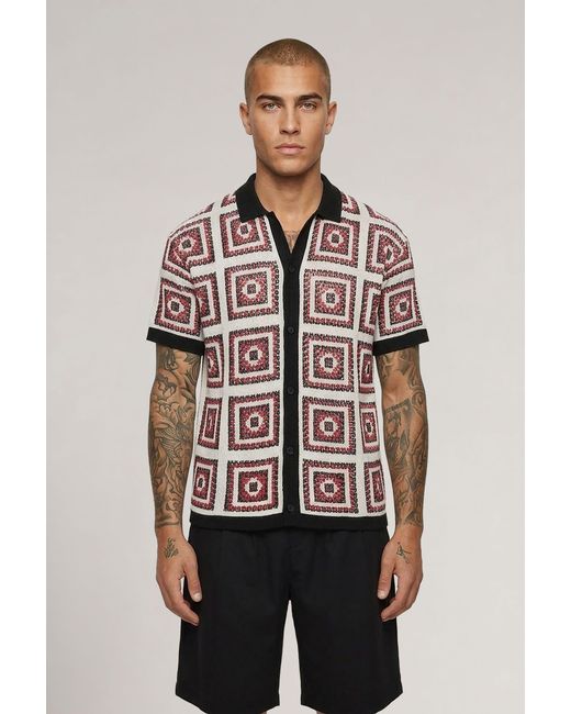 BoohooMAN Red Relaxed Crochet Patch Tapestry Knitted Shirt for men