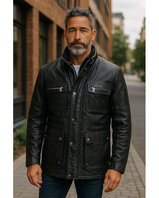 Infinity Leather Black Military Jacket Outwear Coat for men