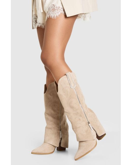 Boohoo Natural Wide Fit Zip Foldover Cowboy Boots