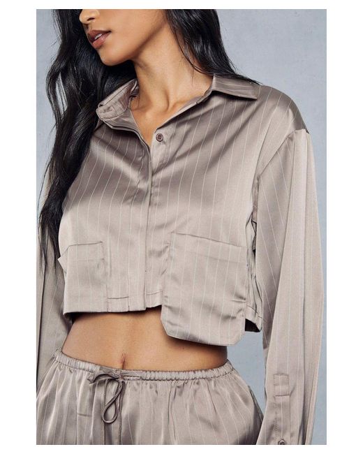 MissPap Gray Satin Pinstripe Cropped Pocket Detail Shirt