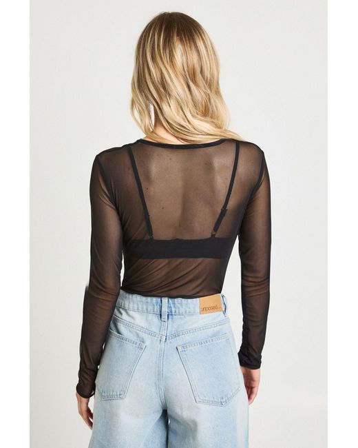 Boohoo Black Petite Basic Mesh Long Sleeve Bodysuit