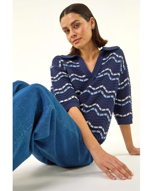 Roman Blue Stripe Wave Knit Polo Top