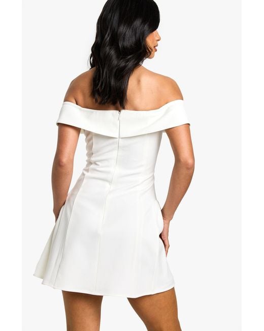Boohoo White Petite Bardot Foldover Skater Dress