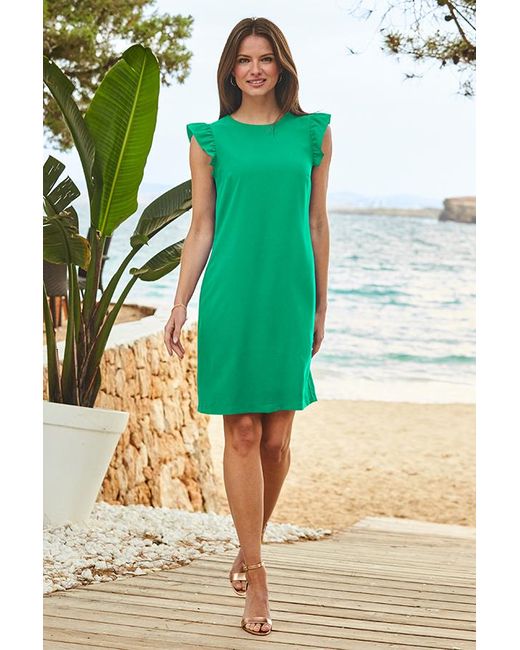 Sosandar Green Jade Ruffle Shoulder Shift Dress