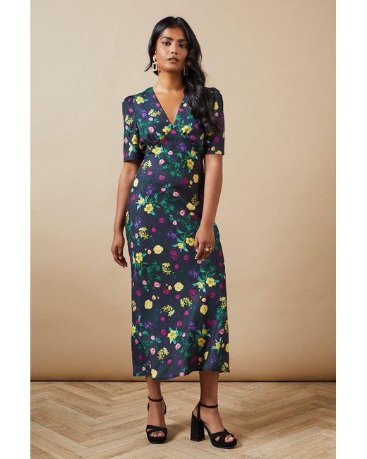 Oasis Blue Floral Satin Tie Velvet Tie Shoulder Midaxi Dress