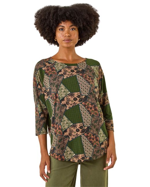 Roman Green Floral Patchwork Stretch Top