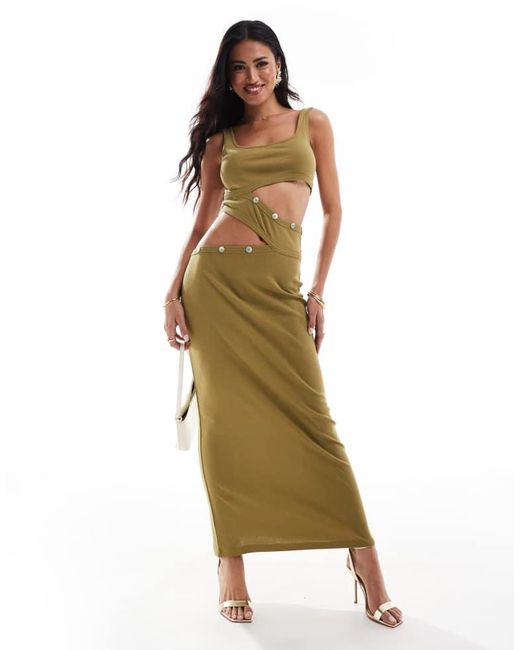 ASOS Metallic Cutout Button Detail Ribbed Midi Dress