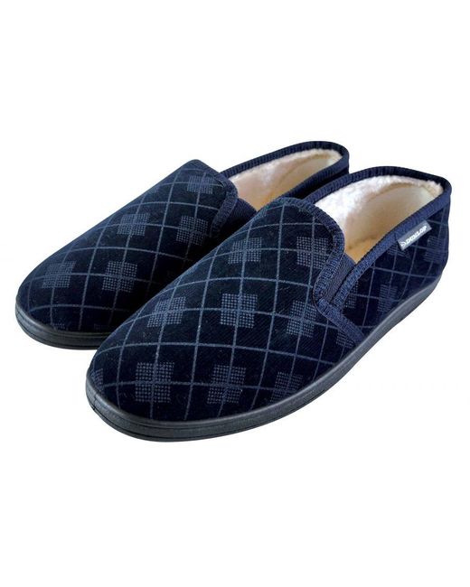Dunlop Blue Plush Fur Lined Memory Foam Plaid Checked Moccasin Slippers With Hard Sole for men