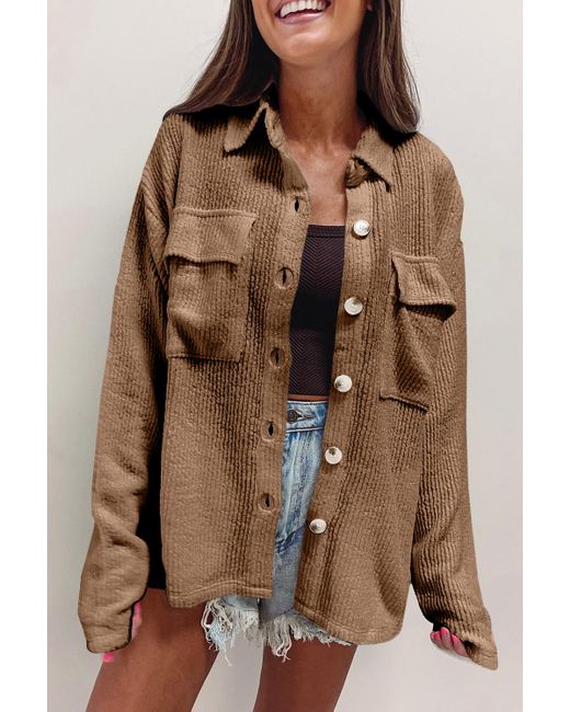 Azura Exchange Brown Dunkelkhaki Einfarbige Corduroy Buttoned Langarm Shacket