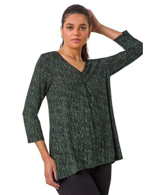Roman Green Spot Print Pleat Front Tunic Top
