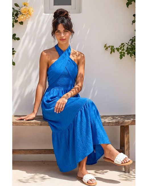 D.u.s.k Blue Shirred Halter Neck Midi Dress