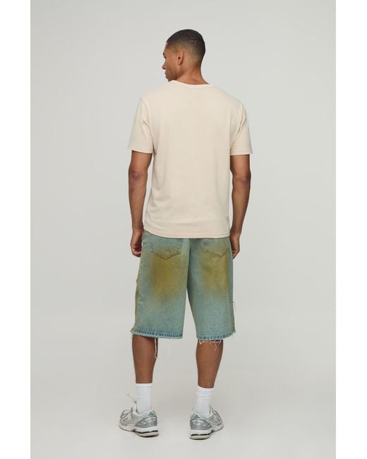 BoohooMAN Green Tinted Raw Hem Longline Jorts for men