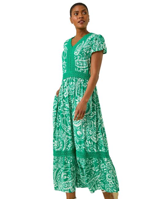 Roman Green Paisley Lace Trim Maxi Dress