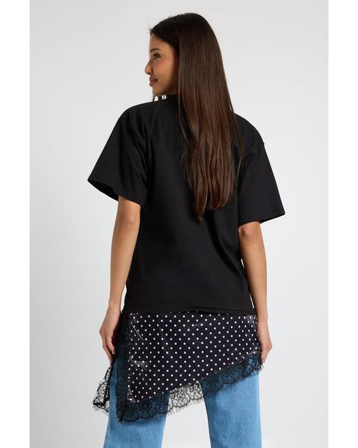 Boohoo Black Polka Dot Lace Satin Asymmetric Hem T-Shirt