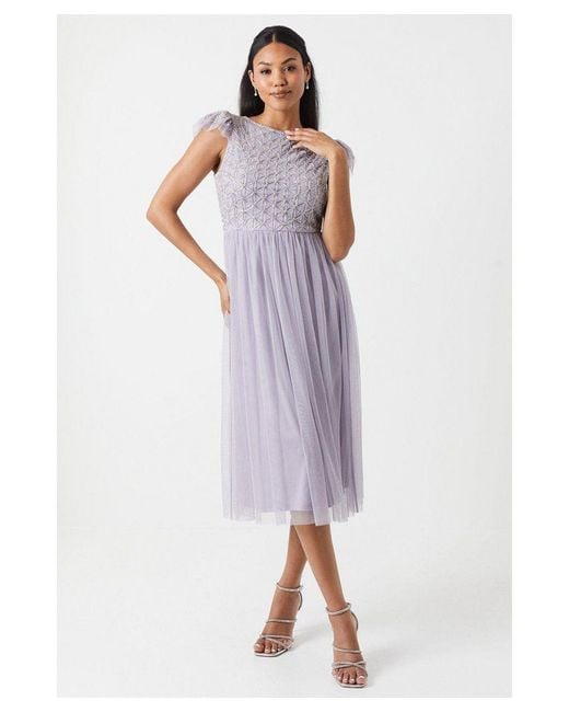 Coast Purple Geometric Embroidered Flutter Sleeve Bridesmaids Midi Dress