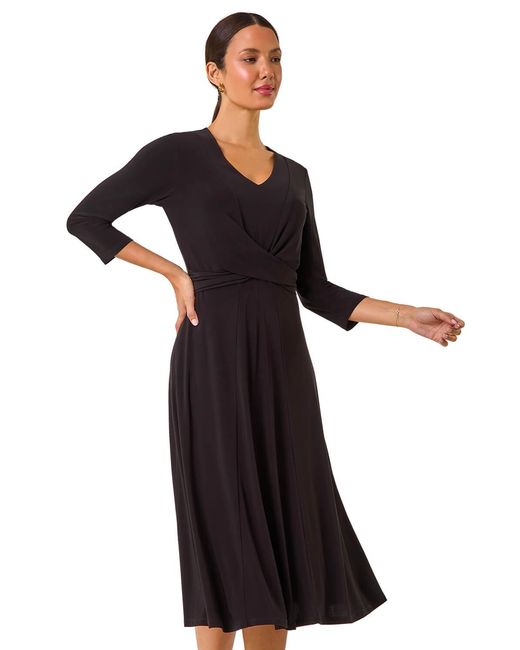 Roman Black Stretch Crossover Midi Dress