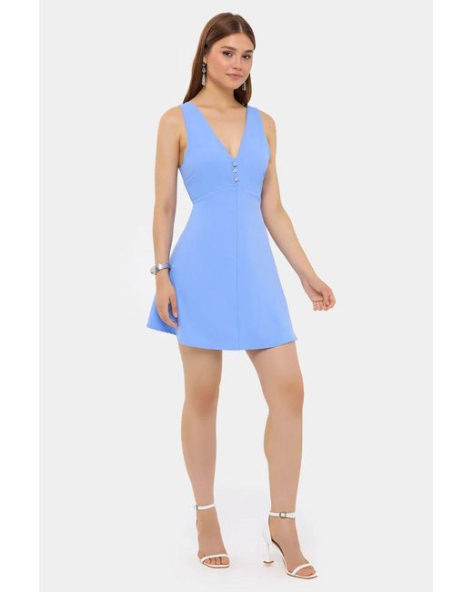 Hiccup Blue Cotton V-Neck Cut-Out Buttoned Detail Mini Dress