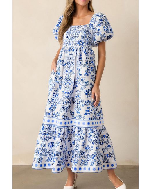 Azura Exchange Bloemen Puff Sleeve Smocked Maxi Jurk in het Blue