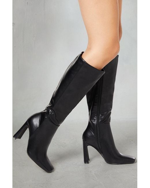 MissPap Gray Leather Look Knee High Block Heeled Boots