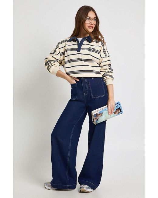 Boohoo Blue High Waist Front Pocket Wide Leg Jean
