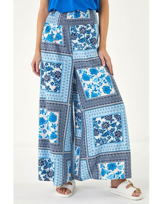 Roman Blue Shirred Waist Wide Leg Trouser