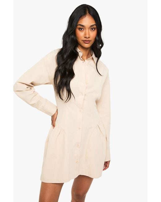Boohoo Natural Poplin Volume Hem Shirt Dress