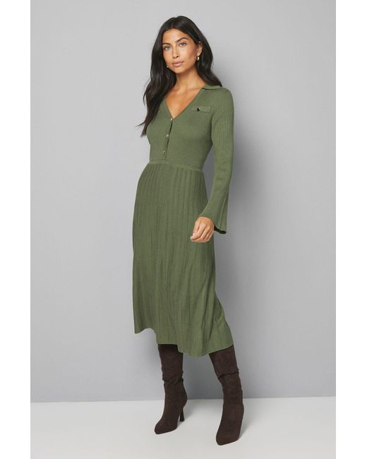 Wallis Green Statement Button Pleated Knitted Dress