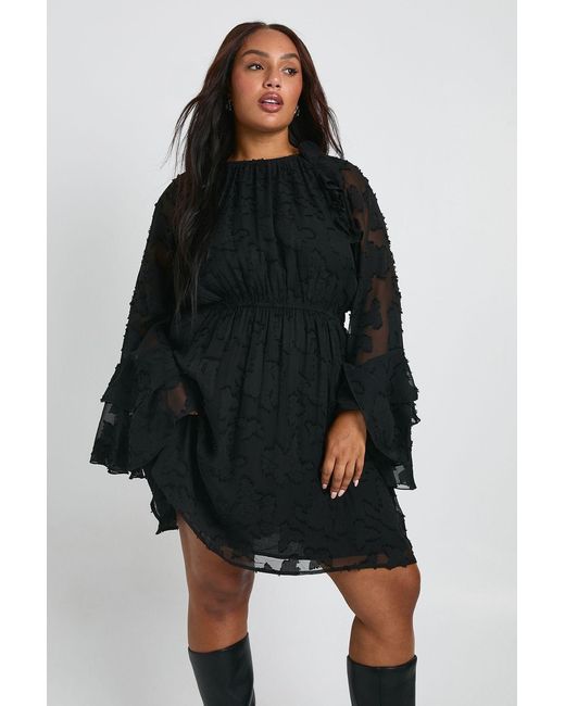 Boohoo Black Plus Burnout Floral Ruffle Smock Dress