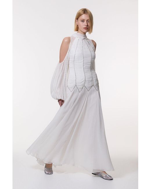 Karen Millen White High Neck Embellished Ruched Georgette Woven Maxi Dress