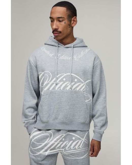 BoohooMAN Gray Oversized Boxy Official Printed Hoodie & Straight Fit Jogger Tracksuit for men