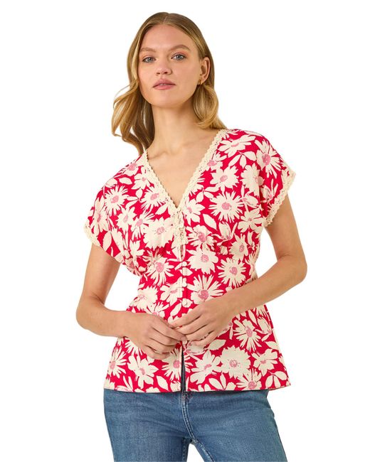 Roman Red Floral Print Lace Trim Top